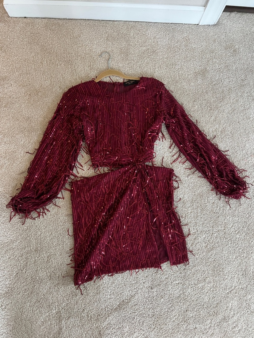 MIMMY YEBOAH Accra red sequin fringe mini dress cutout slit long sleeve dress XS